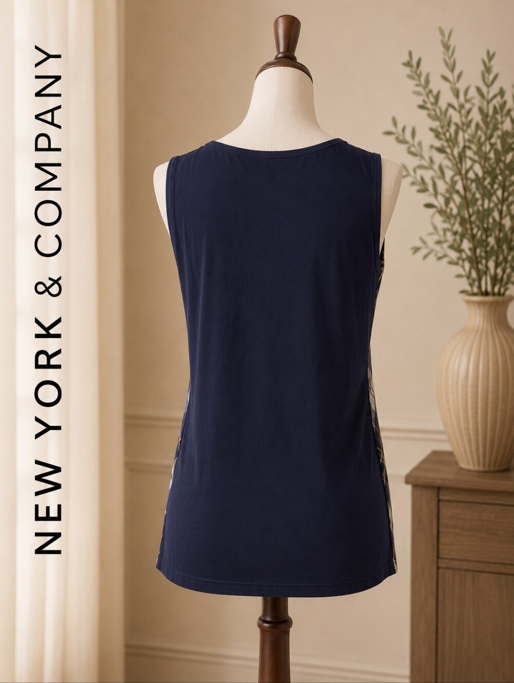 New York and Company, Sleeveless , mixed media plaid blouse -navy-blush - Picture 3 of 3
